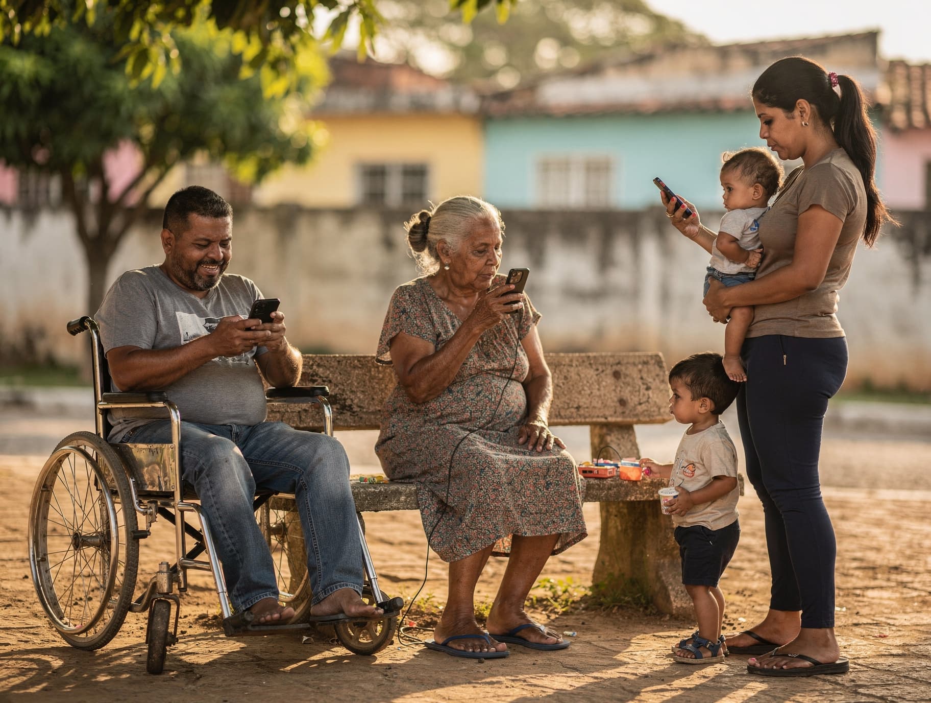 Senhora idosa sentada na varanda de casa em bairro simples, gravando um áudio no celular para solicitar um serviço da prefeitura pelo WhatsApp.