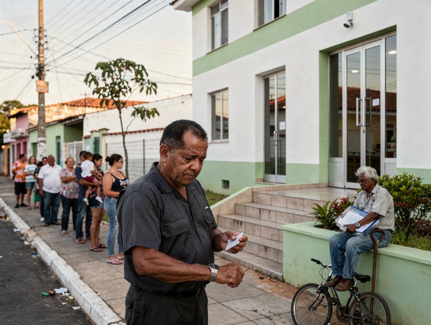 Moradores aguardando em fila na calçada de um prédio da prefeitura ao amanhecer, alguns com senha de papel na mão e olhando o relógio.