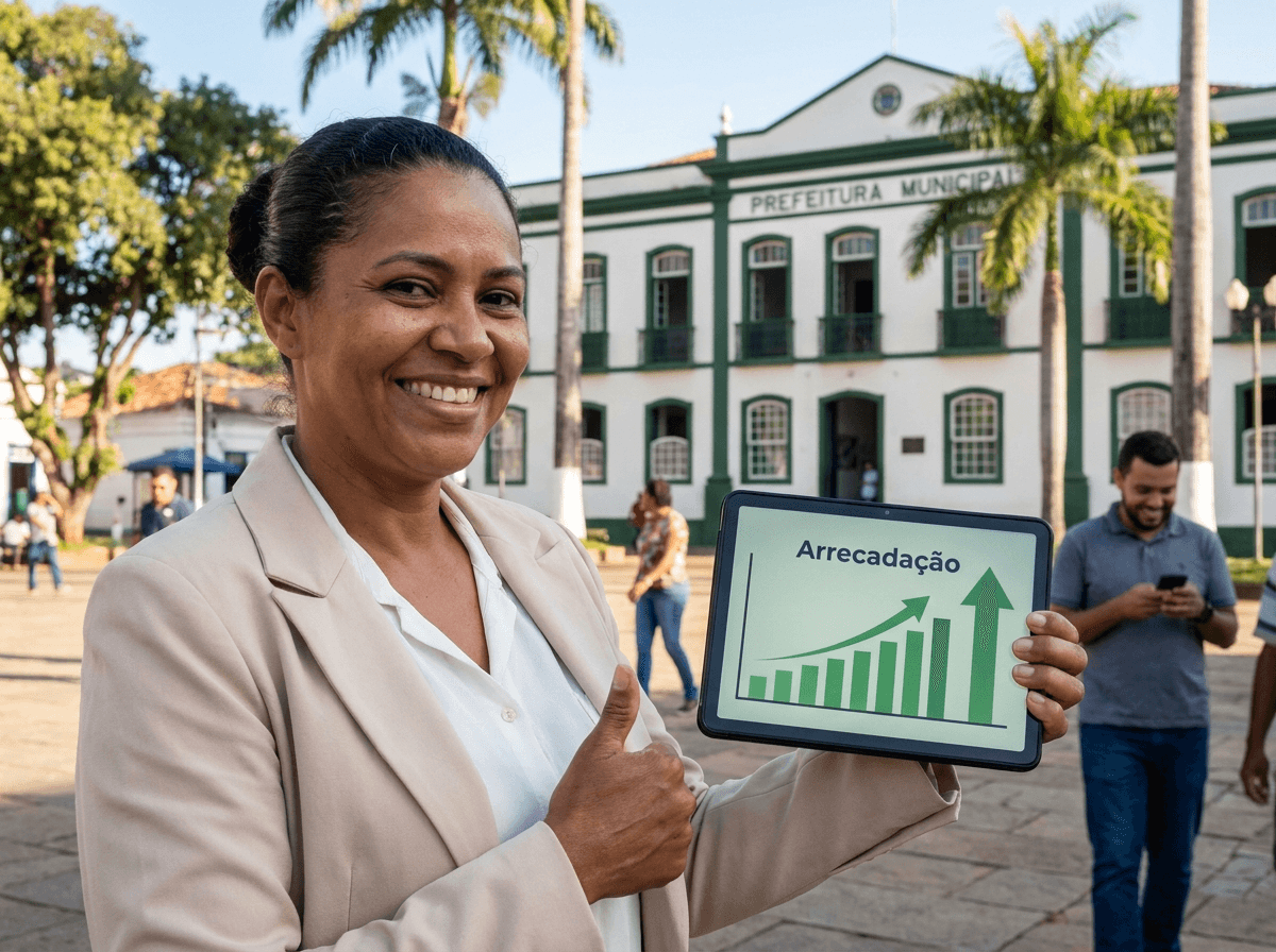 Comerciante no balcão de uma pequena loja de bairro conferindo o boleto do IPTU no celular, com um carnê de papel ao lado do caixa.